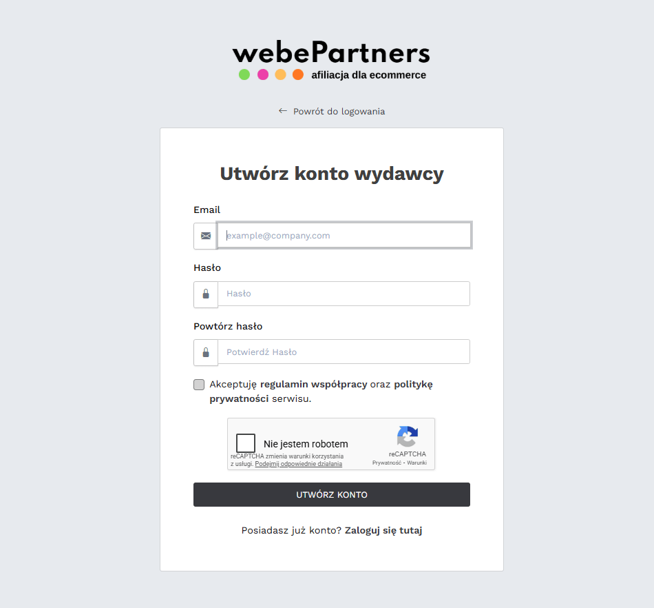 Formularz rejestracji webePartners