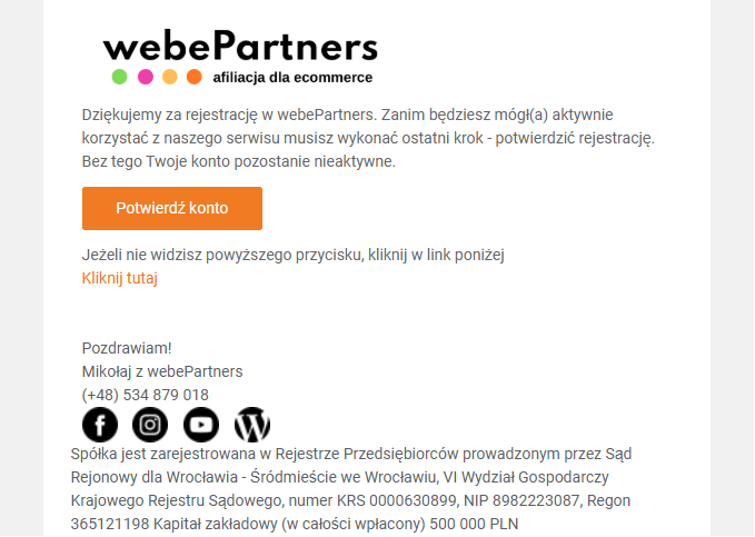 Wiadomość email z potwierdzeniem