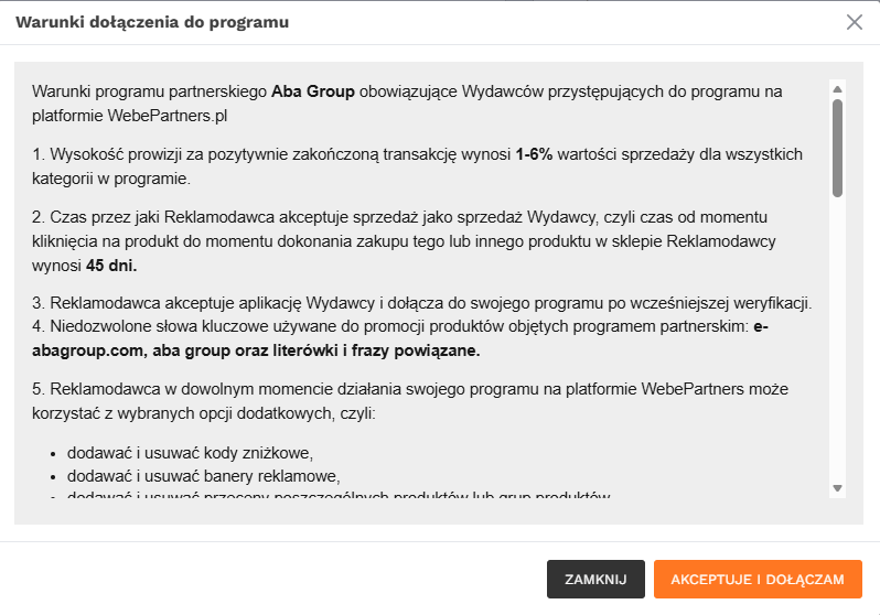Akceptacja warunków programu ABA Group