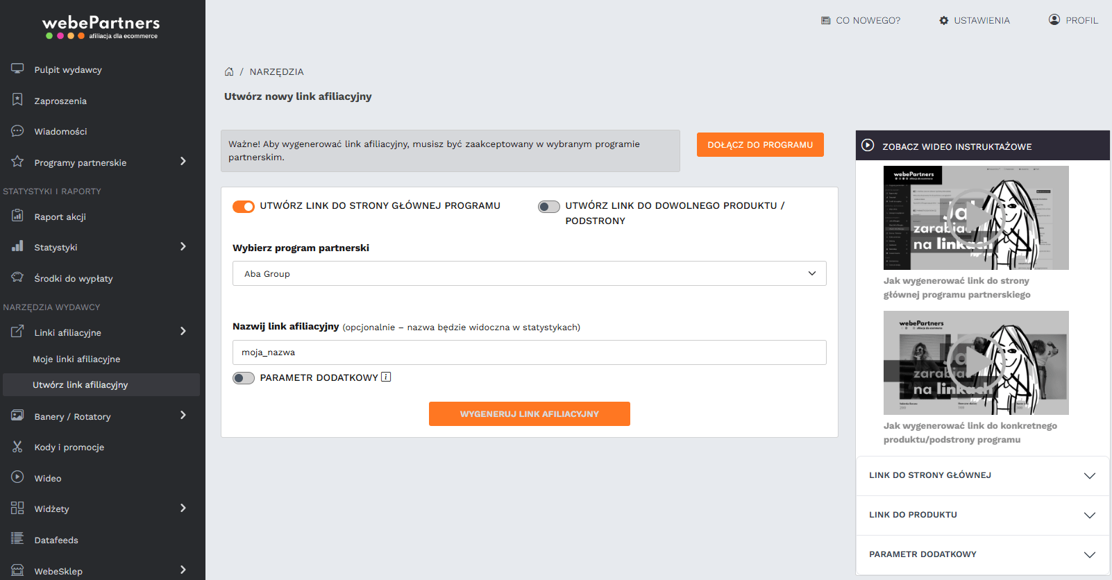 Formularz generowania linku afiliacyjnego